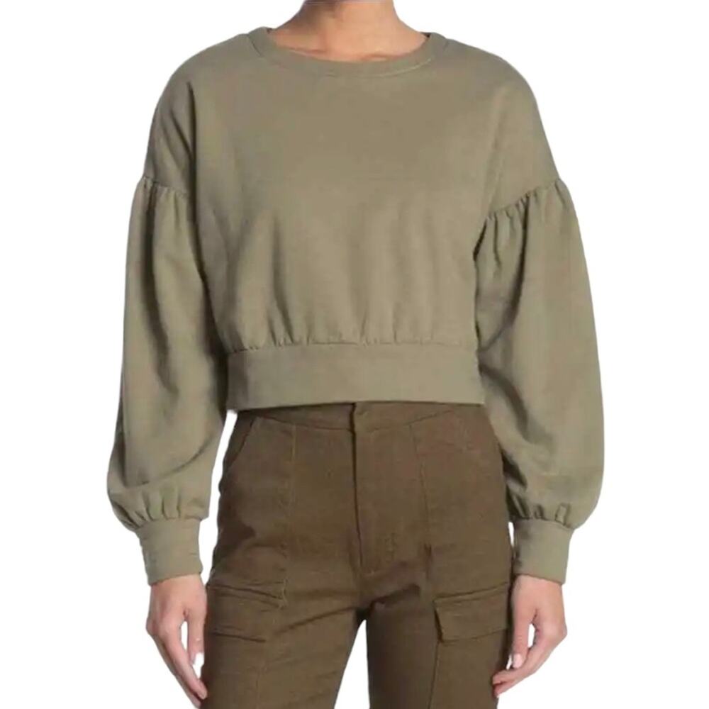 ABOUND Olive Night Long Puff Sleeve Cropped Sweatshirt Women’s Size Small